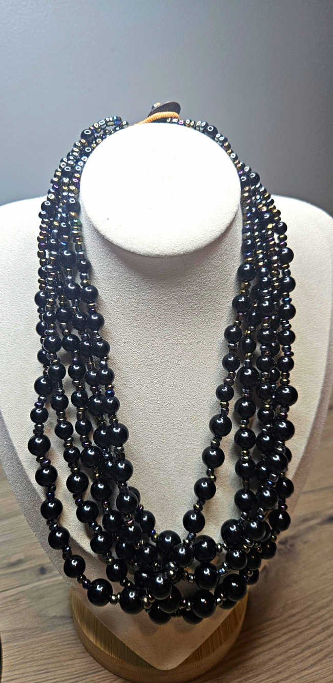 Multi-Strand Black Beaded Necklace Iridescent Beads Button & Cord Closure